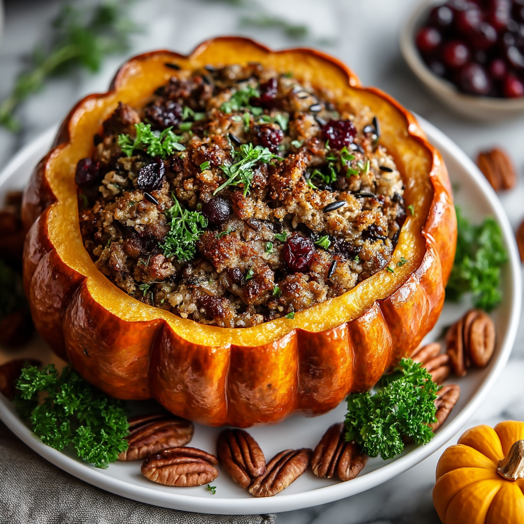 Pumpkin Stuffed with Wild Rice and Sausage