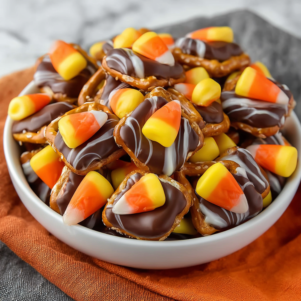 Candy Corn Pretzel Hugs