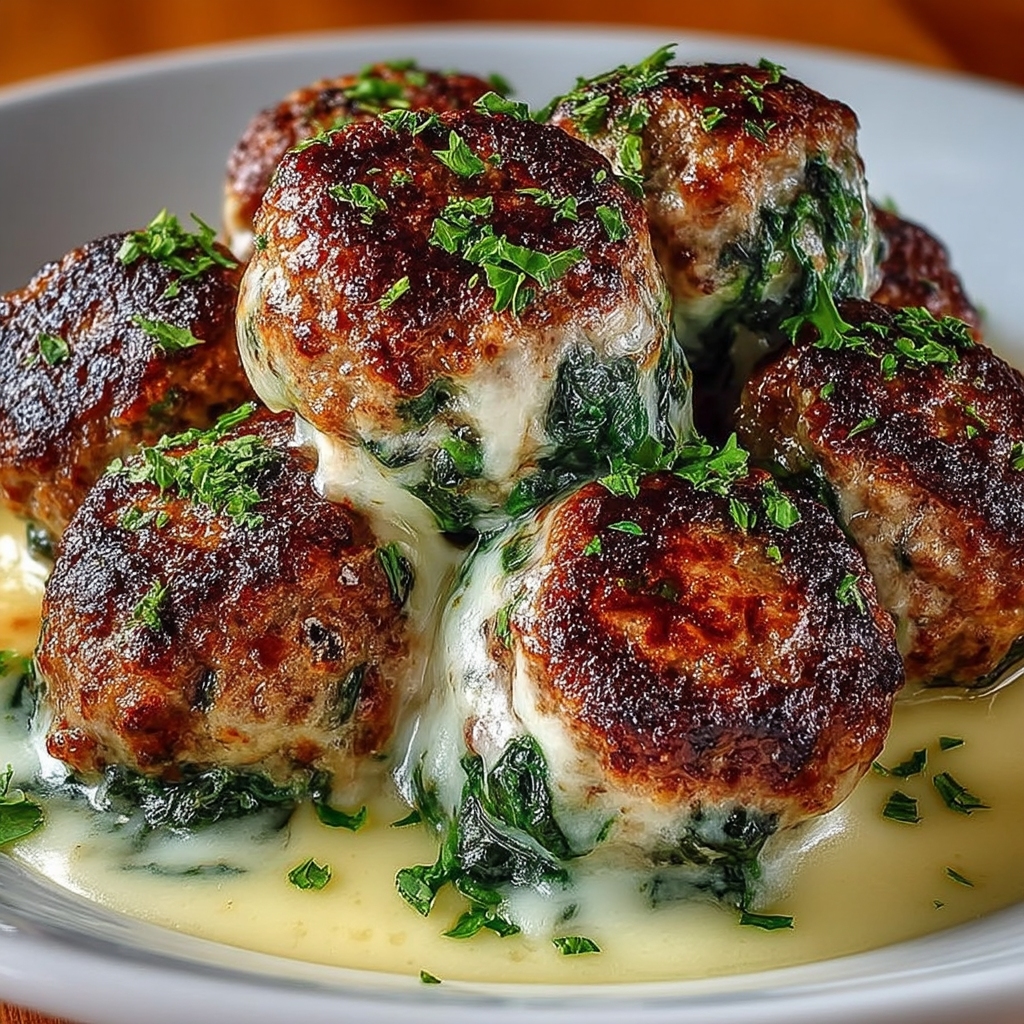 Spinach Garlic Meatballs Stuffed with Mozzarella