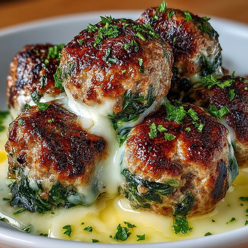 Spinach Garlic Meatballs Stuffed with Mozzarella