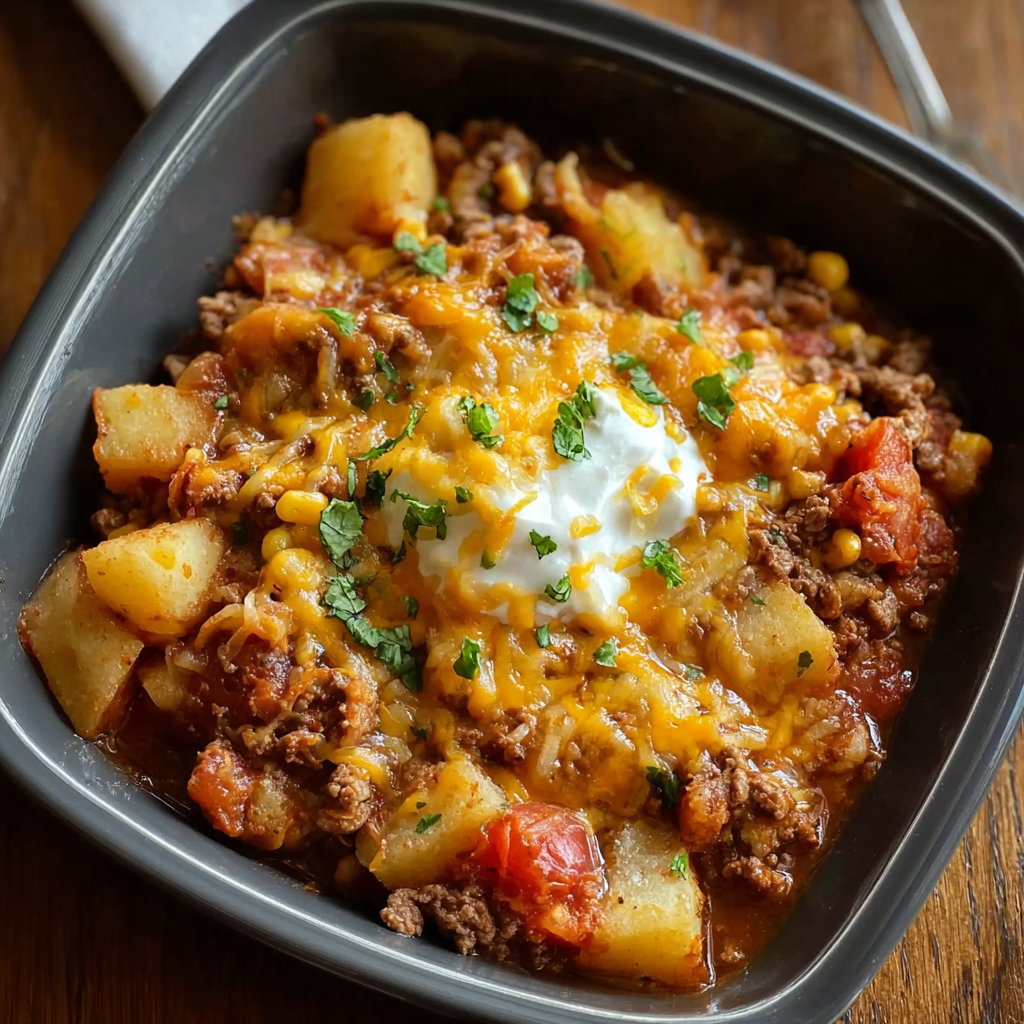 Image of a rustic Slow Cooker Cowboy Casserole recipe featuring layers of ground beef, potatoes, beans, corn, topped with cheese, all perfectly cooked in a slow cooker.