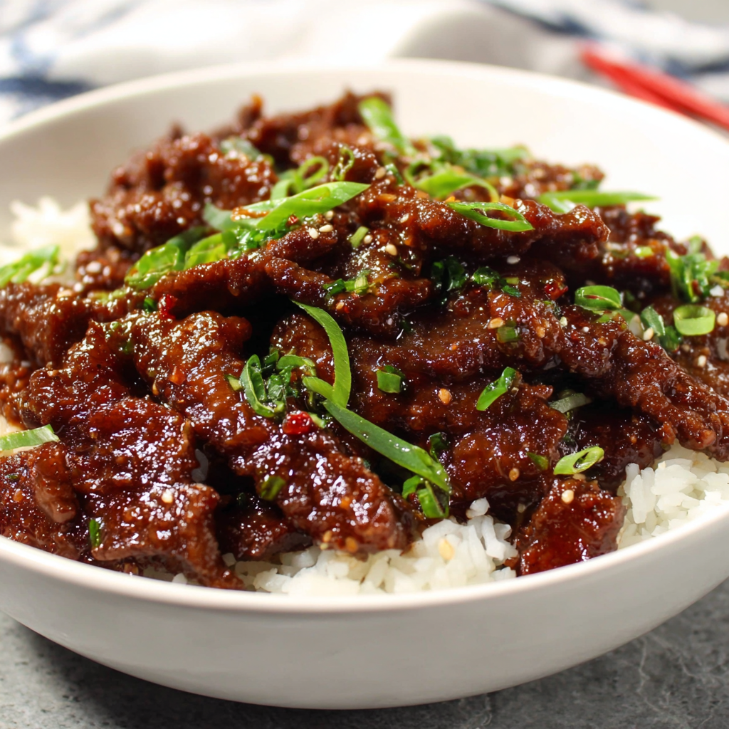 Alt text: A savory Mongolian beef recipe featuring tender beef strips coated in a rich, flavorful sauce, garnished with green onions and served with steamed white rice, all prepared in just 30 minutes.