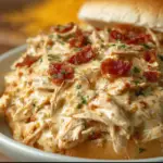 Alt text: A creamy and savory Crockpot Crack Chicken Recipe featuring shredded chicken, creamy cheese, bacon bits, and green onions served in a bowl.