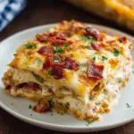 Alt text: "Delicious chicken bacon ranch lasagna recipe featuring layers of tender chicken, crispy bacon, creamy ranch sauce, noodles, and melted cheese, served in a baking dish."