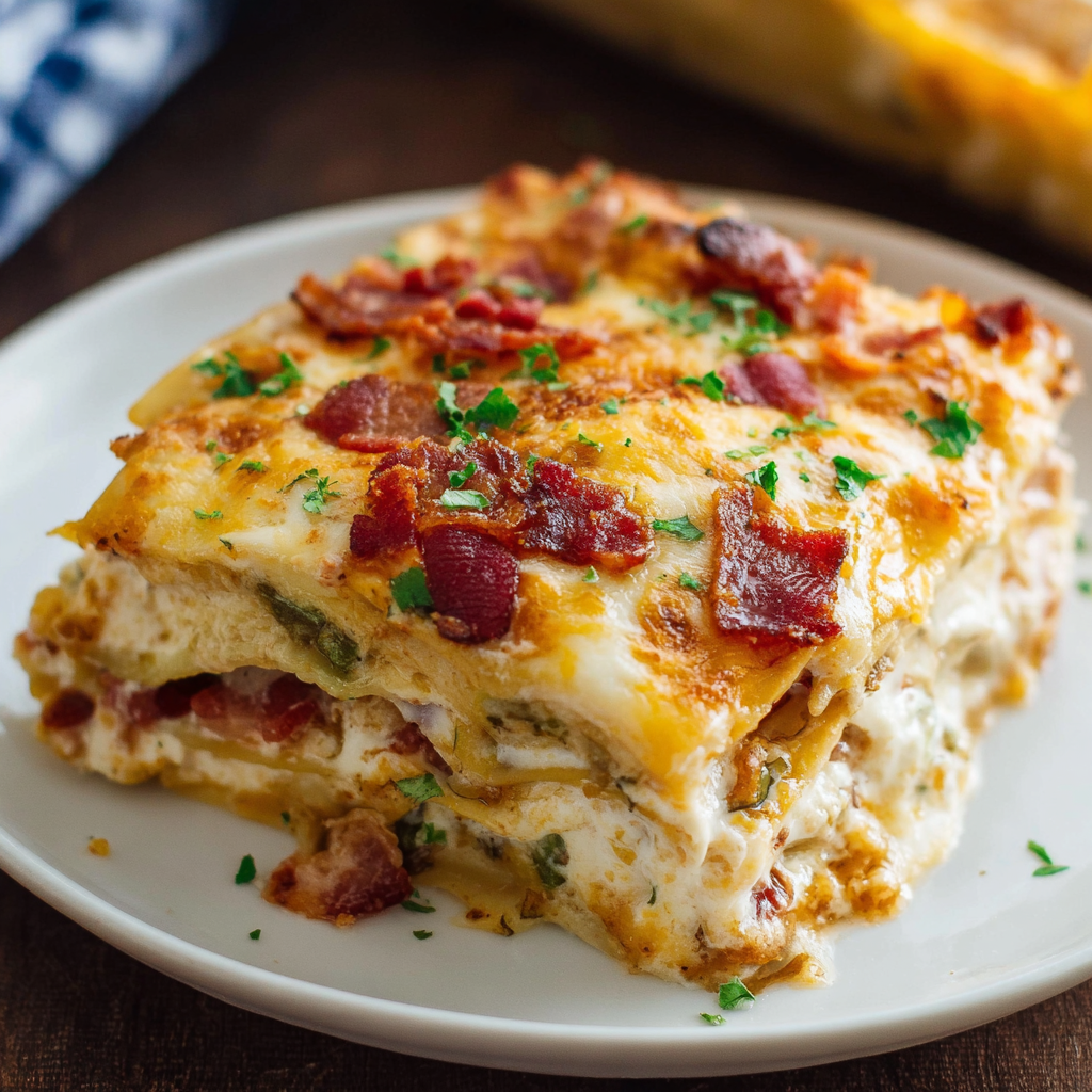 Alt text: "Delicious chicken bacon ranch lasagna recipe featuring layers of tender chicken, crispy bacon, creamy ranch sauce, noodles, and melted cheese, served in a baking dish."