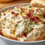 "Image of a creamy crockpot crack chicken recipe served in a bowl, garnished with chopped green onions and crispy bacon pieces, showcasing the rich and cheesy texture of the dish."