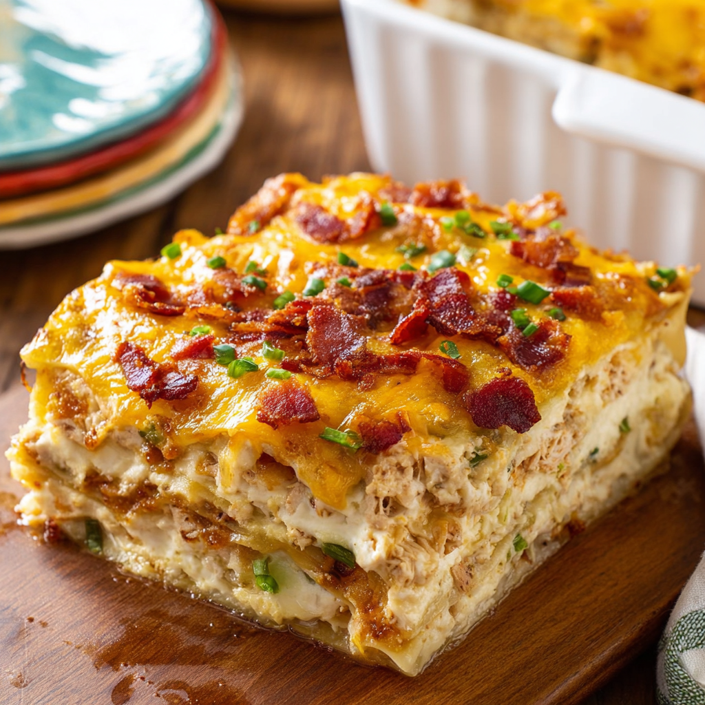 Alt text: A mouth-watering chicken bacon ranch lasagna recipe featuring layers of creamy ranch sauce, succulent chicken, crispy bacon bits, and melted cheese nestled between sheets of lasagna pasta.