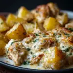 Alt text: Image of Slow cooker garlic parmesan chicken and potatoes showing tender chicken breasts and golden potatoes coated in a creamy garlic parmesan sauce, garnished with fresh parsley, all cooked to perfection in a crockpot.