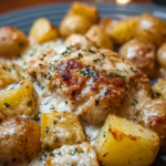 Alt text: "A mouthwatering Garlic Parmesan chicken and potatoes recipe featuring tender chicken breasts and baby potatoes slow-cooked in a creamy garlic parmesan sauce, garnished with fresh parsley, served on a white plate."