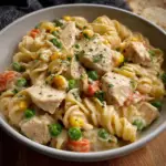 Alt text: "A delicious serving of Chicken Pot Pie Pasta Recipe featuring tender chicken pieces, mixed vegetables, and creamy sauce over pasta, garnished with fresh herbs."