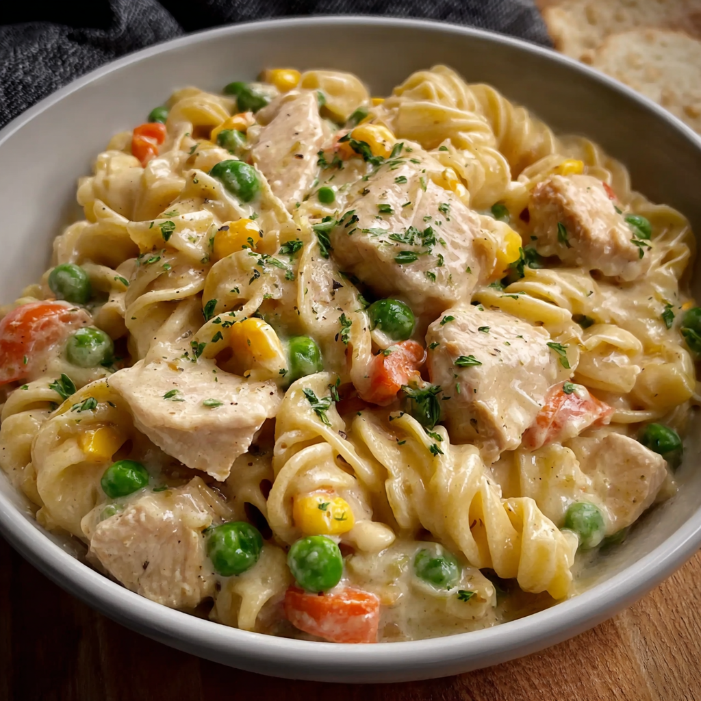 Alt text: "A delicious serving of Chicken Pot Pie Pasta Recipe featuring tender chicken pieces, mixed vegetables, and creamy sauce over pasta, garnished with fresh herbs."