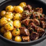 Alt text: "Garlic Butter Beef Bites Recipe featuring tender beef bites and golden potatoes cooked in a slow cooker, garnished with fresh herbs and a rich garlic butter sauce."