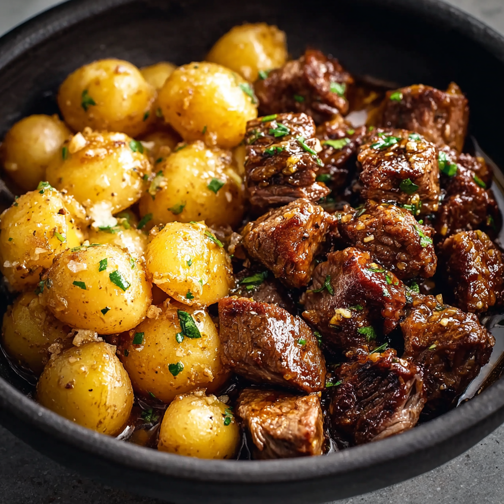 Alt text: "Garlic Butter Beef Bites Recipe featuring tender beef bites and golden potatoes cooked in a slow cooker, garnished with fresh herbs and a rich garlic butter sauce."