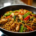"Plate of delicious Chicken Lo Mein Recipe with vibrant vegetables and noodles garnished with green onions served on a wooden table."