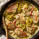 Alt text: "Plate of creamy pepperoncini chicken garnished with fresh herbs, showcasing the delicious result of the Creamy Pepperoncini Chicken Recipe with tender chicken, spicy pepperoncini, and rich sauce."