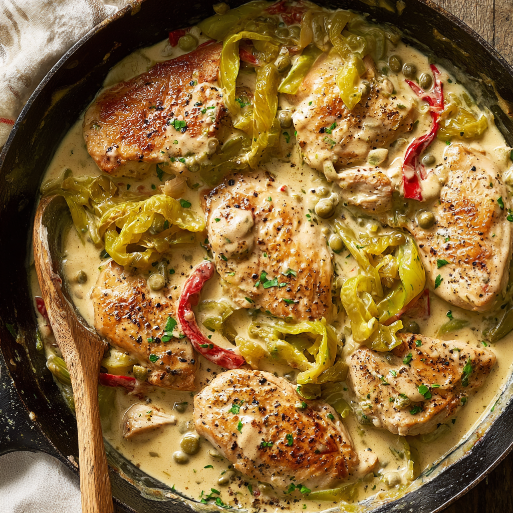 Alt text: "Plate of creamy pepperoncini chicken garnished with fresh herbs, showcasing the delicious result of the Creamy Pepperoncini Chicken Recipe with tender chicken, spicy pepperoncini, and rich sauce."