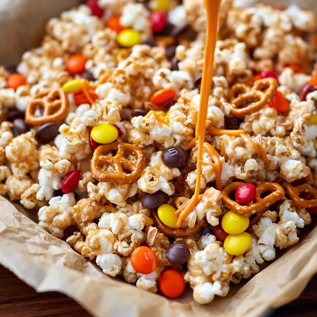 Halloween Snack Mix with Peanut Butter Caramel