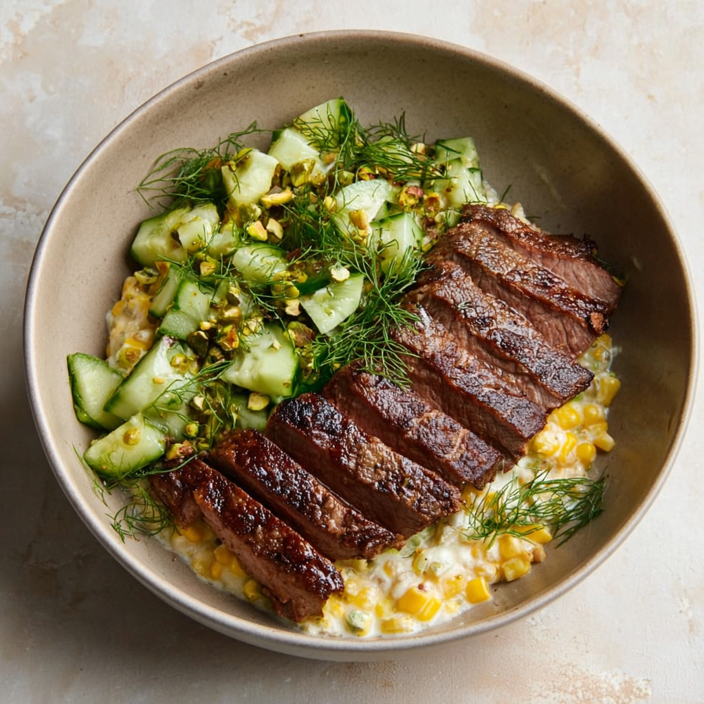 steak and creamed corn bowl