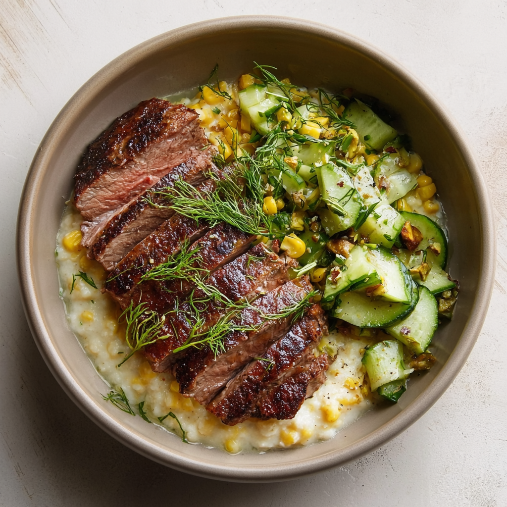 steak and creamed corn bowl