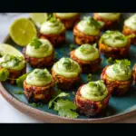 Alt text: "A plate of Mini Tamale Bites topped with avocado crema, garnished with fresh cilantro and lime wedges."