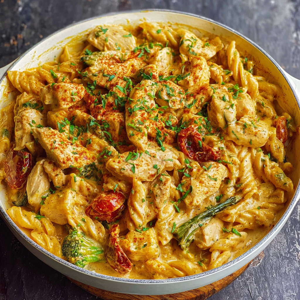 Alt text: A delectable one-pot creamy chicken pasta recipe featuring tender chicken pieces, al dente pasta, and a rich, velvety sauce with herbs, garnished with fresh parsley in a white serving bowl.