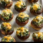 A platter of stuffed mushrooms with spinach and cheese, featuring golden-baked mini mushrooms filled with a creamy mixture of wilted spinach, melted cheese, and seasoned breadcrumbs on a rustic wooden table.