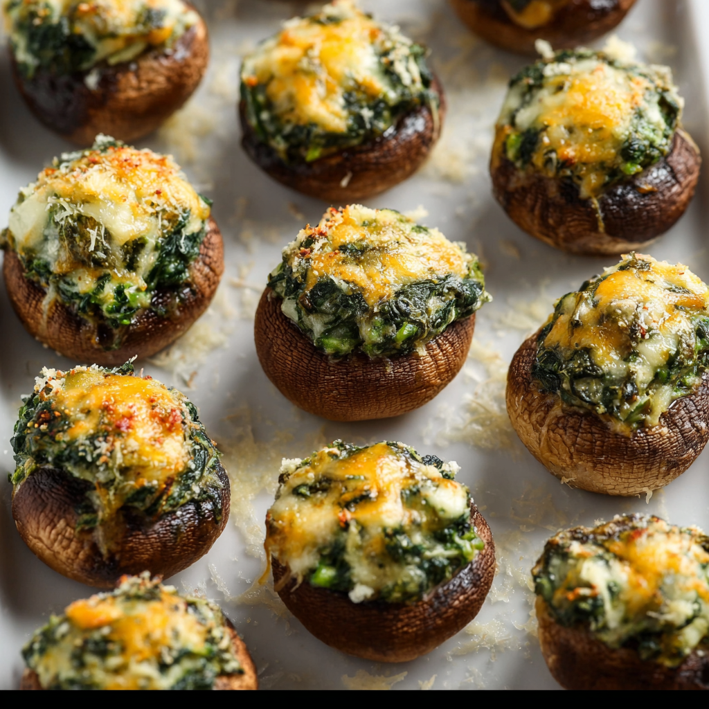 A platter of stuffed mushrooms with spinach and cheese, featuring golden-baked mini mushrooms filled with a creamy mixture of wilted spinach, melted cheese, and seasoned breadcrumbs on a rustic wooden table.
