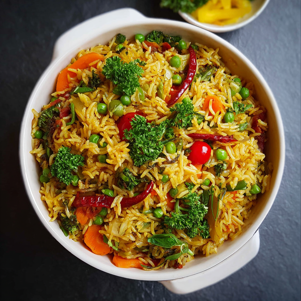 Alt text: A colorful one-pot spiced vegetable rice recipe featuring vibrant mixed vegetables, fluffy rice, and aromatic spices garnished with fresh herbs, all cooked together in a single pan.