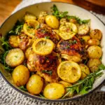 Alt text: A flavorful lemon garlic chicken and potatoes recipe in a single pot, featuring succulent chicken pieces, golden potatoes, slices of lemon, and aromatic garlic cloves garnished with fresh herbs.