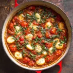 Alt text: A savory Tomato Basil Gnocchi Recipe featuring plump gnocchi, ripe tomatoes, fresh basil leaves, and a sprinkling of cheese cooked together in a single pot.