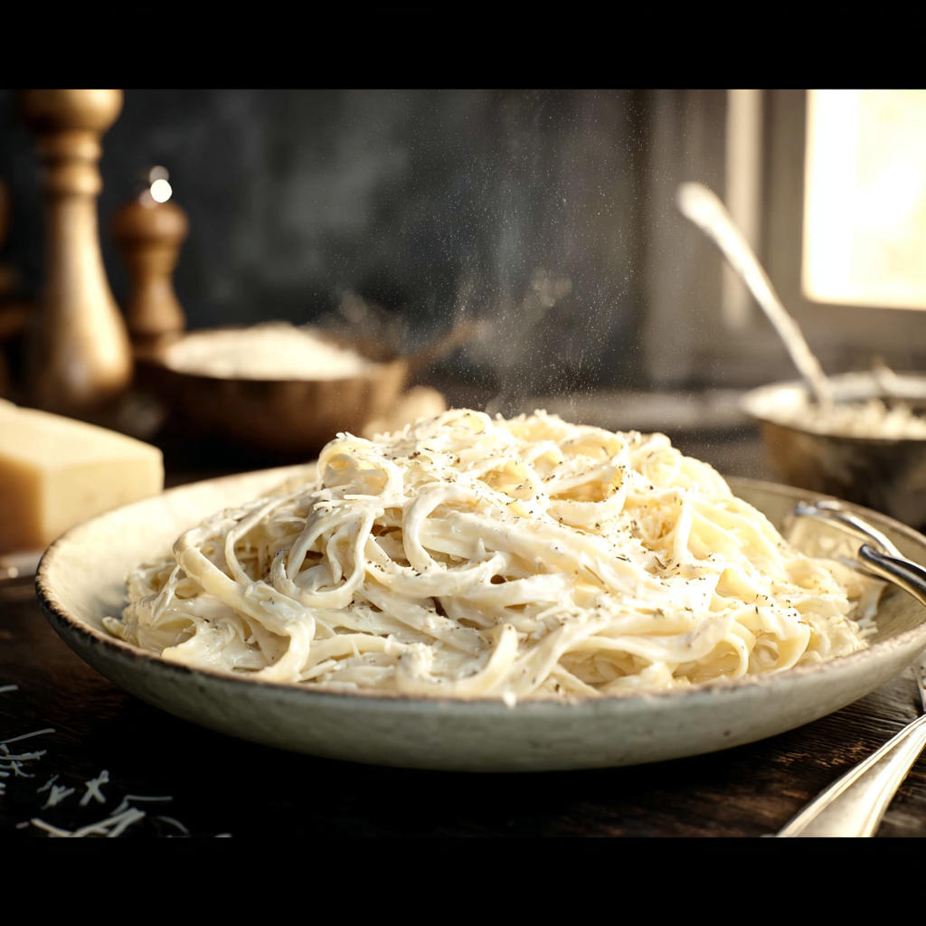 Alt text: A bowl of creamy pasta topped with fresh parsley, showcasing a Healthy Alfredo Sauce Recipe with a light, smooth texture perfect for a nutritious Italian meal.