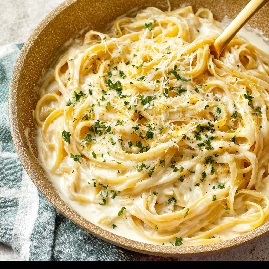 Alt text: A plate of pasta topped with a rich and smooth homemade creamy garlic alfredo sauce recipe, garnished with fresh parsley and grated Parmesan cheese.