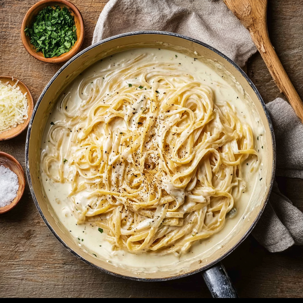 Alt text: A creamy, homemade Alfredo sauce recipe made with butter, heavy cream, and Parmesan cheese, simmering in a saucepan on a stovetop, ready to be served over pasta.
