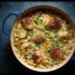 Alt text: A delicious one-pot chicken and rice recipe featuring tender chicken pieces and fluffy rice cooked together with vegetables and aromatic spices in a single pot.