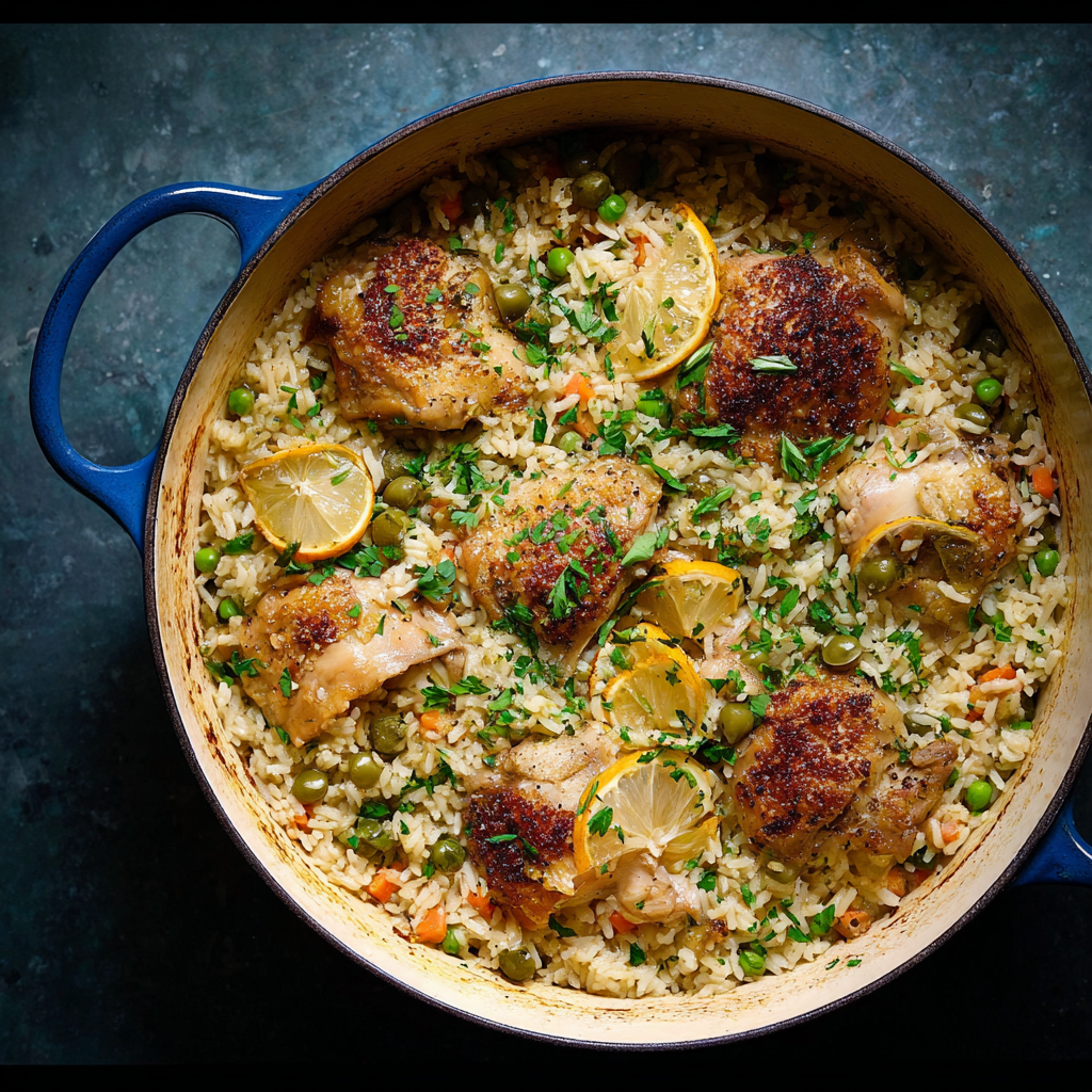 Alt text: A delicious one-pot chicken and rice recipe featuring tender chicken pieces and fluffy rice cooked together with vegetables and aromatic spices in a single pot.