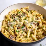 Alt text: A steaming bowl of creamy one pot pasta recipe featuring pasta coated in a rich, creamy sauce with scattered herbs and grated cheese on top, served in a rustic white ceramic dish on a wooden table.