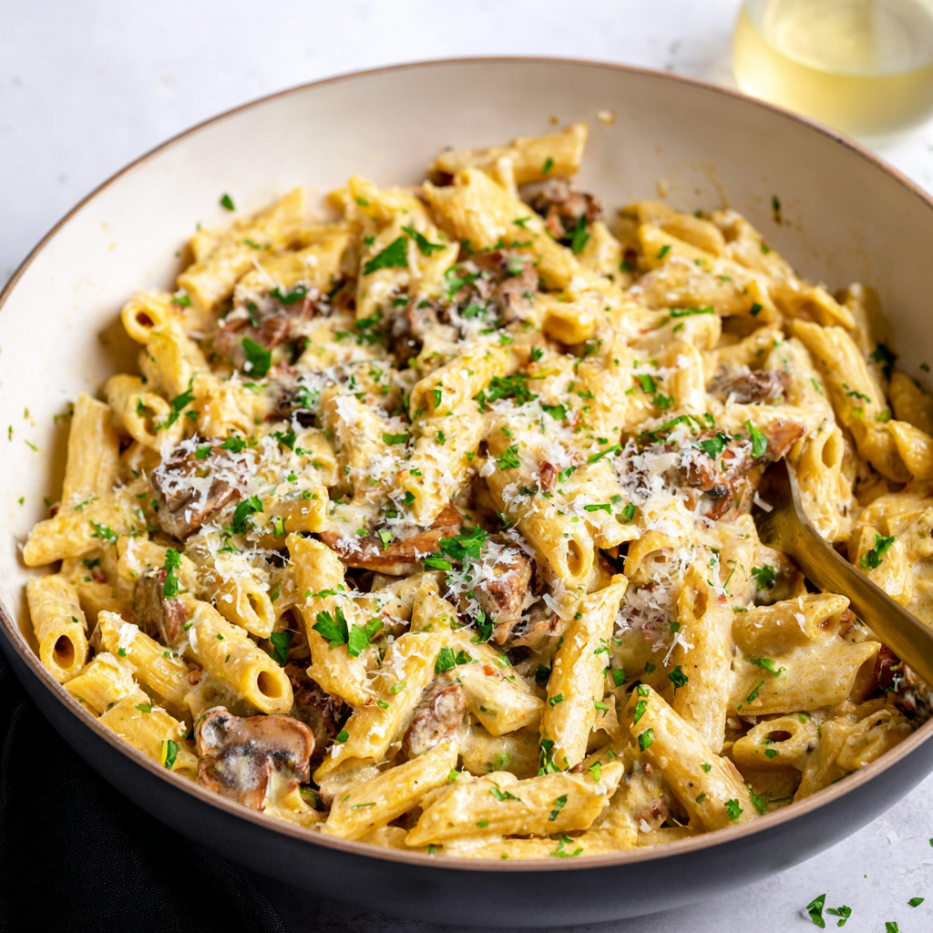 Alt text: A steaming bowl of creamy one pot pasta recipe featuring pasta coated in a rich, creamy sauce with scattered herbs and grated cheese on top, served in a rustic white ceramic dish on a wooden table.
