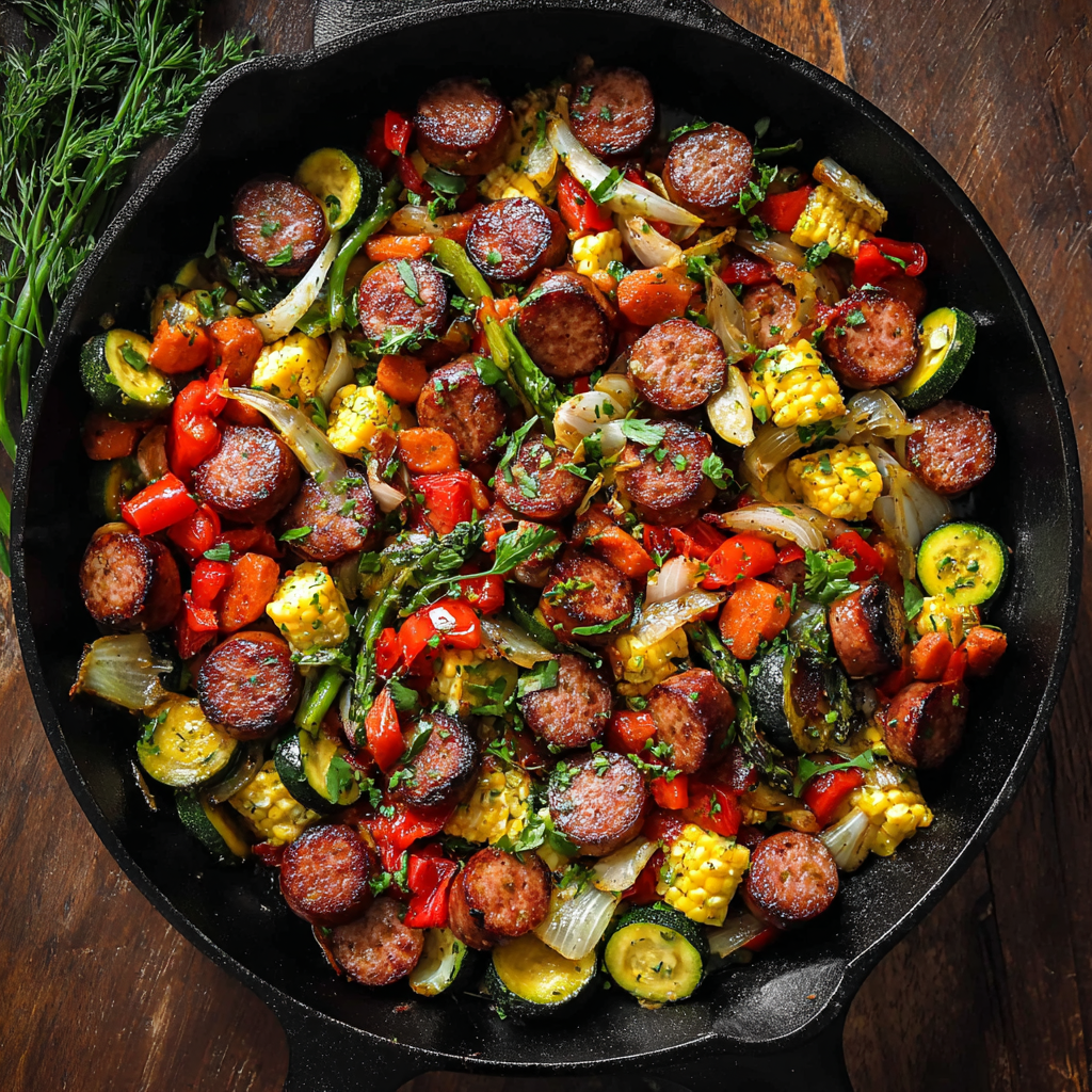 Alt text: "A colorful sausage and vegetable one-pan recipe featuring sliced sausages, bell peppers, zucchini, and red onions on a baking sheet, seasoned with herbs and spices, freshly baked to perfection."