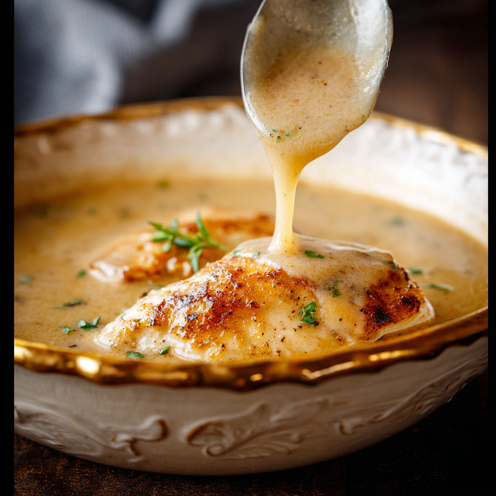 Alt text: A bowl of classic chicken gravy surrounded by fresh herbs, showcasing a delicious homemade chicken gravy recipe.