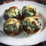 A platter of creamy stuffed mushrooms showcasing the stuffed mushrooms recipe with spinach, featuring portobello caps filled with a rich cheese and spinach mixture, garnished with freshly chopped herbs.