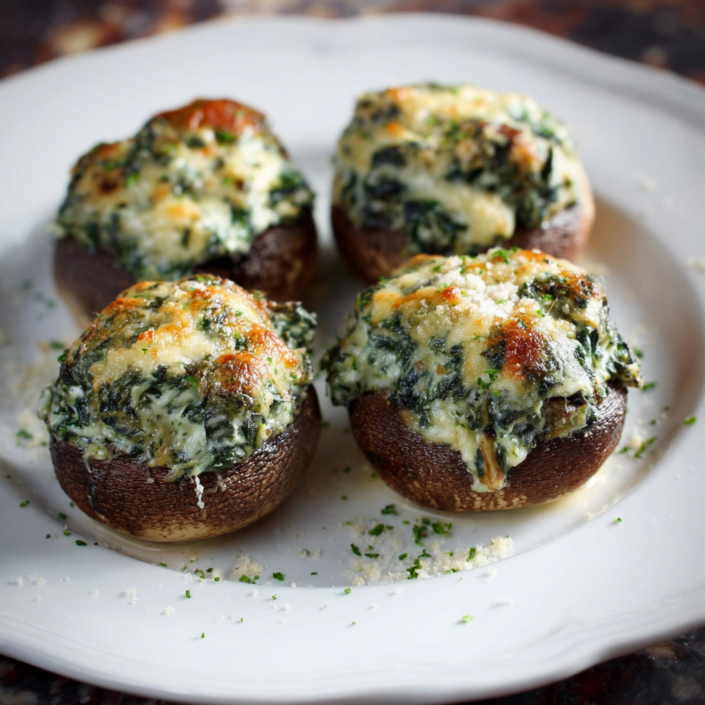 A platter of creamy stuffed mushrooms showcasing the stuffed mushrooms recipe with spinach, featuring portobello caps filled with a rich cheese and spinach mixture, garnished with freshly chopped herbs.