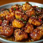 Alt text: "A plate of crispy Honey Garlic Chicken Bites garnished with chopped green onions, showcasing the glazed, golden-brown pieces from the Honey Garlic Chicken Bites Recipe."