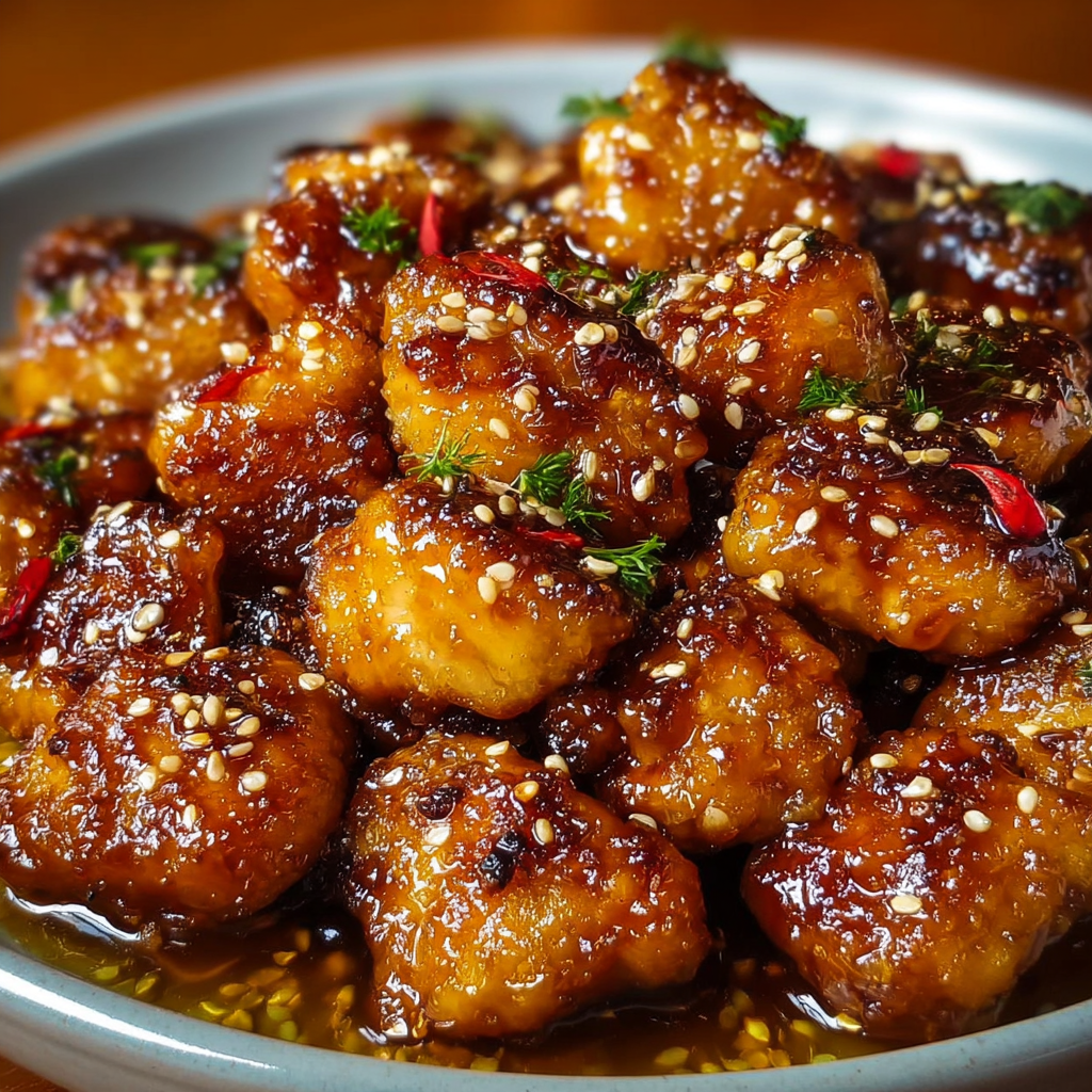 Alt text: "A plate of crispy Honey Garlic Chicken Bites garnished with chopped green onions, showcasing the glazed, golden-brown pieces from the Honey Garlic Chicken Bites Recipe."
