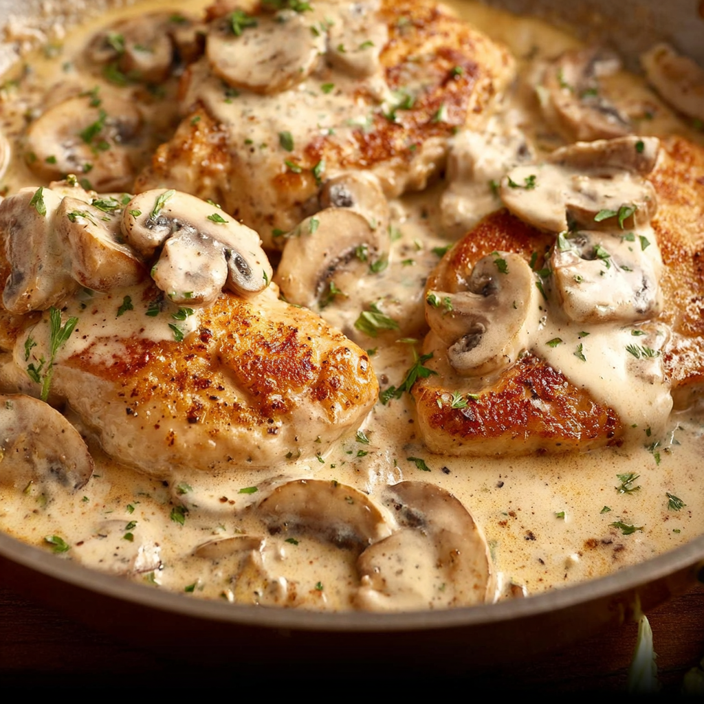 Alt text: "A plate showcasing a creamy mushroom chicken recipe, featuring tender chicken pieces smothered in a rich, creamy mushroom sauce with herbs, served alongside a garnish of fresh parsley."