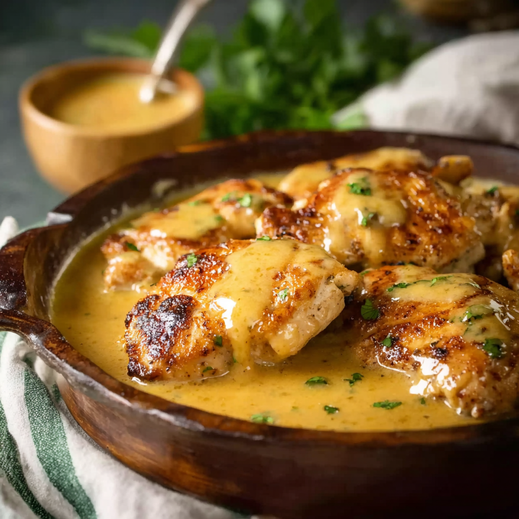 Alt text: A bowl of golden, creamy homemade honey mustard chicken sauce, featuring a smooth blend of mustard, honey, and spices, perfect for drizzling over chicken or serving as a dipping sauce.