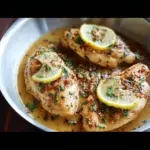 Alt text: A vibrant plate showcasing the Lemon Garlic Chicken Sauce Recipe, featuring tender chicken pieces drizzled with a creamy lemon and garlic sauce, garnished with fresh herbs and lemon slices for a zesty finish.