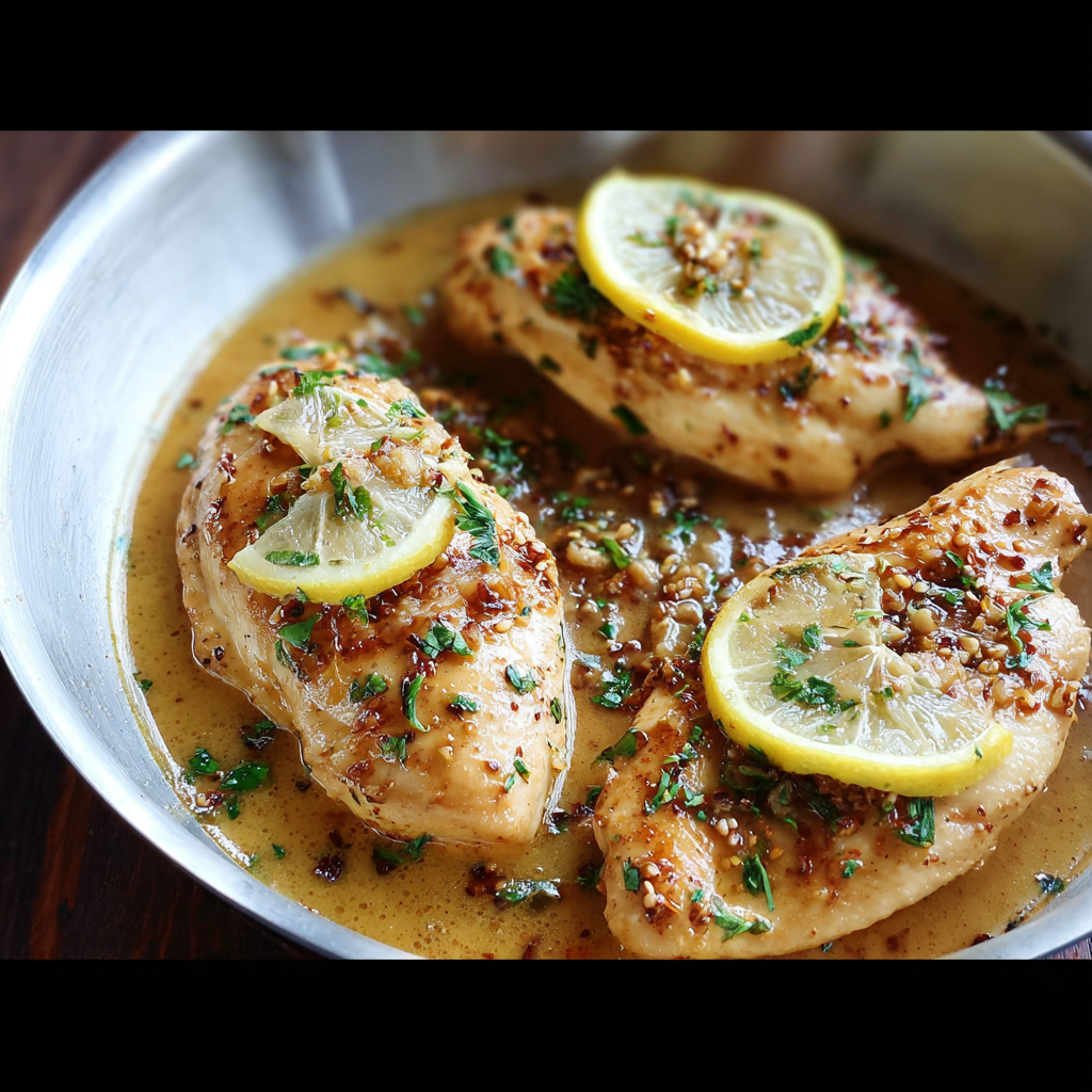Alt text: A vibrant plate showcasing the Lemon Garlic Chicken Sauce Recipe, featuring tender chicken pieces drizzled with a creamy lemon and garlic sauce, garnished with fresh herbs and lemon slices for a zesty finish.