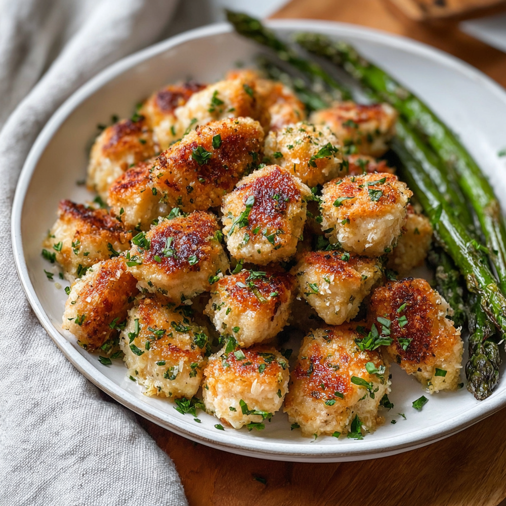 Alt text: A plate of freshly made Garlic Parmesan Chicken Bites garnished with parsley and served with a side of creamy dipping sauce, showcasing the deliciousness of the Garlic Parmesan Chicken Bites Recipe.