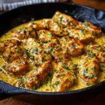 "Image of Texas Roadhouse garlic butter chicken recipe in a skillet, featuring juicy chicken breasts smothered in a rich garlic butter sauce with herbs, served alongside sautéed vegetables."
