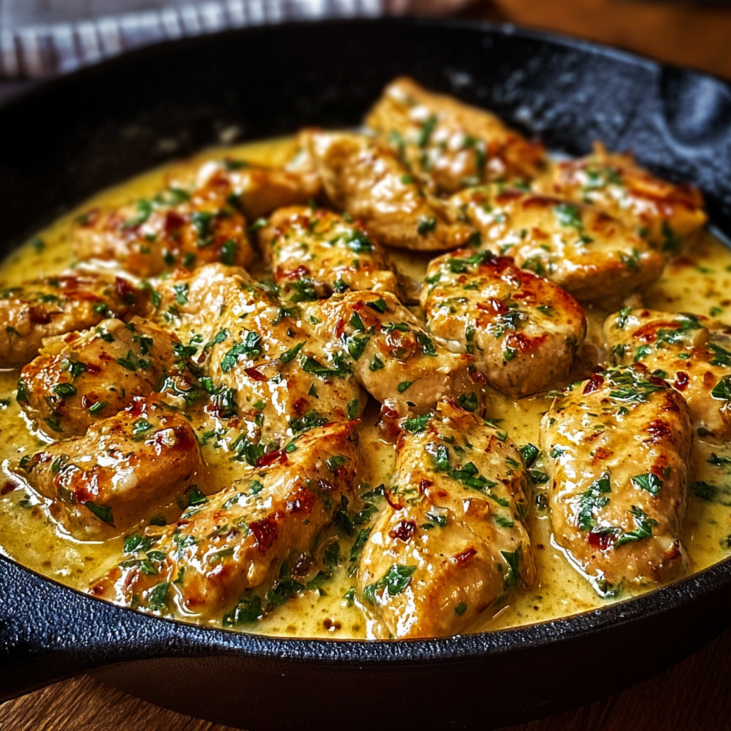 "Image of Texas Roadhouse garlic butter chicken recipe in a skillet, featuring juicy chicken breasts smothered in a rich garlic butter sauce with herbs, served alongside sautéed vegetables."